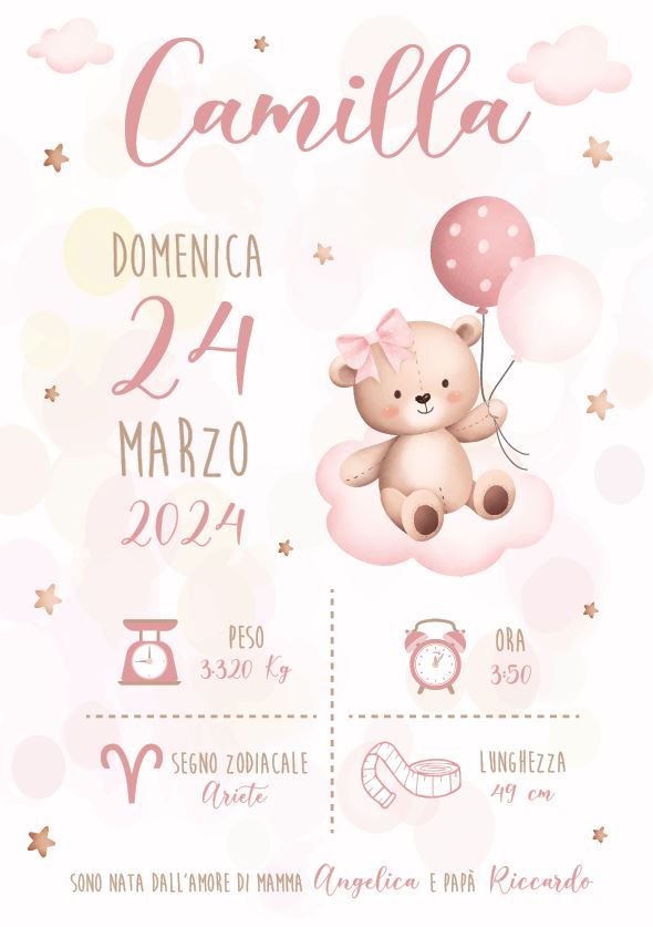 Orsetto con Palloncino - Quadretto Nascita Bimba