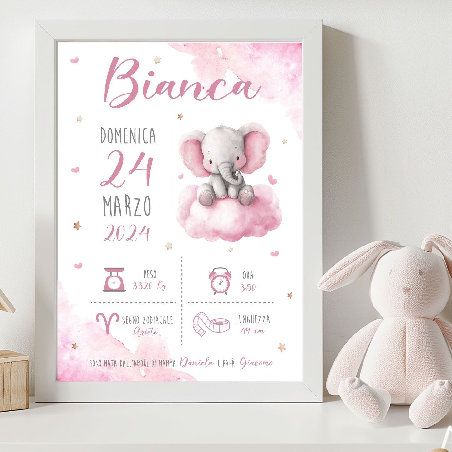 Elefantino su Nuvoletta - Quadretto Nascita Bimba