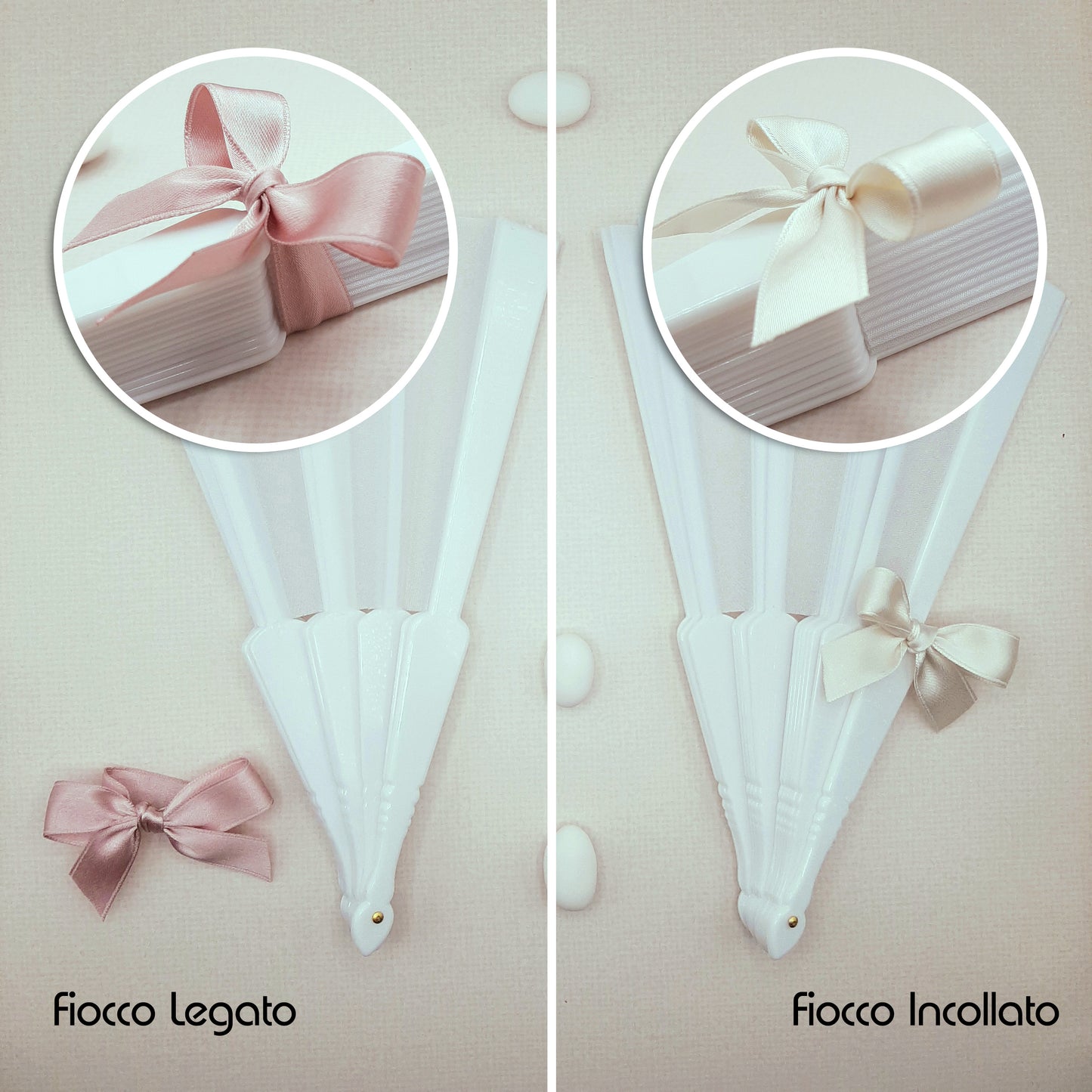 Ventaglio Bianco Plastica e Tessuto con Nomi, Grafica e Fiocco Personalizzato