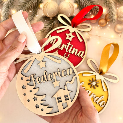 Pallina di Natale in Legno Naturale Colorata