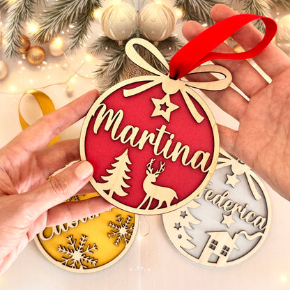 Pallina di Natale in Legno Naturale Colorata