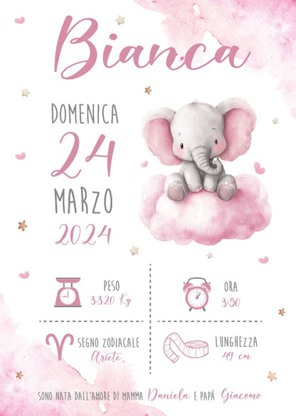 Elefantino su Nuvoletta - Quadretto Nascita Bimba