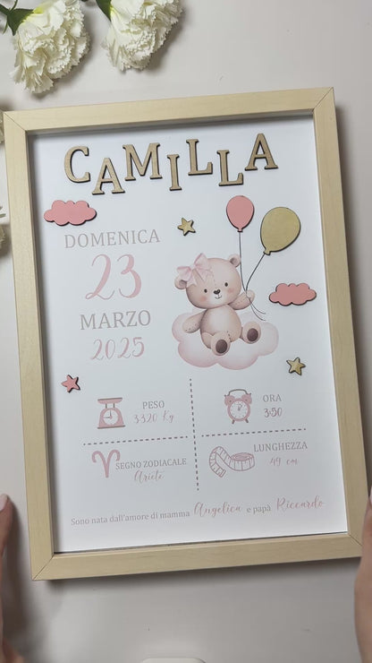 Quadretto Nascita Bimba con dettagli in legno