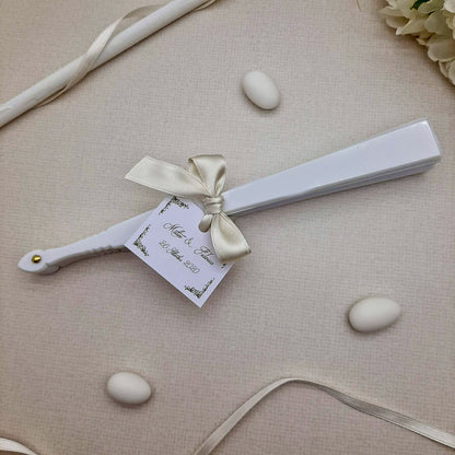 Ventaglio Bianco Plastica e Tessuto Fiocco e Cartoncino Personalizzato
